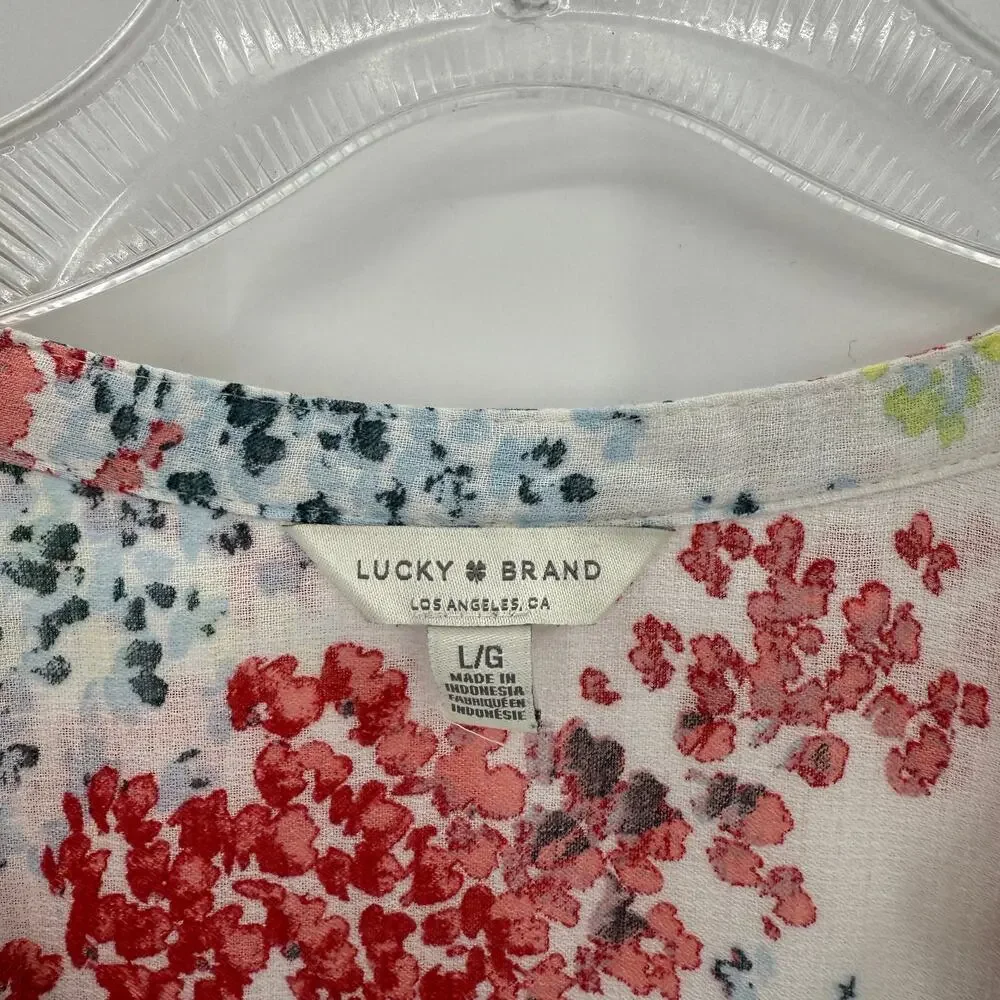 LUCKY BRAND Womens Floral Semi Sheer Shirt Size L Long Sleeve Boho Festival Top